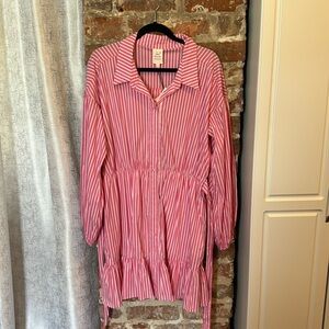Cinq à Sept Pink and White Striped Long Sleeve Shirtdress NWT Size 14